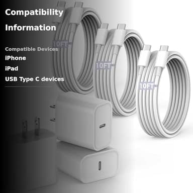 10FT Fast Charging Cord for iPhone 17 16e 15,3Pack Extra Long 10Foot USB C to Type C Charger Cable 20W USBC Charger Block Cube Super Quick Charging for iPhone 17 Air/17 16 15 Pro/Plus/Pro Max,iPad Pro - Image 3