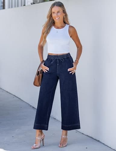 luvamia High Elastic Waisted Wide Leg Jeans for Women Crop Pants for Women Pull On Denim Pants Darkness Blue XX-Large Fits Size 20 / Size 22 - Image 9