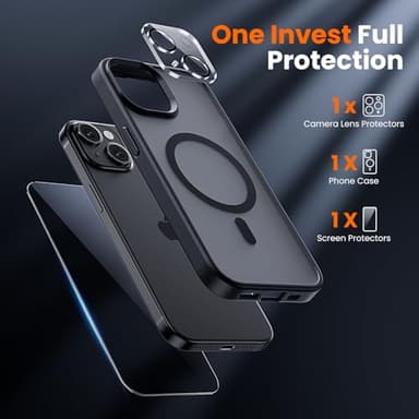 toushion 3 in 1 for iPhone 15 Case with MagSafe, Screen Protector*1 Camera Lens Protector*1,Matte Skin Feeling Back Cover Military-Grade Protection for iPhone 15 Phone Case 6.1 inch Matte Black - Image 2