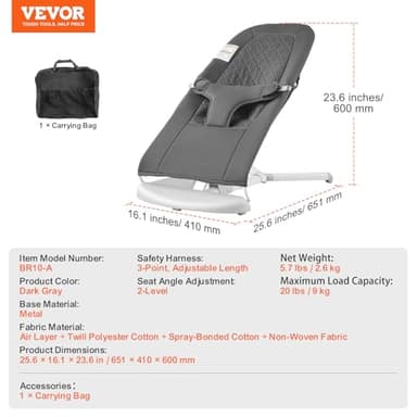 VEVOR Baby Bouncer, Folding Bouncer Seat for Babies 0-9 Months, Portable Baby Bouncer Seat with 2 Reclining Angles, 3-Point Harness & Carrying Bag, Ideal for Indoors Outdoors, Dark Gray - Image 3