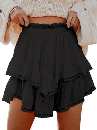 Aoudery Flowy Shorts for Women Casual Boho Ruffle Tiered Skorts High Waist Mini Skirts Golf Tennis Butterfly Crochet Shorts - Black S - Image 1