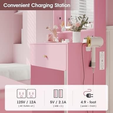Vabches Small Vanity Desk Set with 3 Adjustable Lighted Mirror and Storage Chair, Vanity Set with Charger Station, Small Spaces Vanity Table for Bedroom，Pink - Image 5