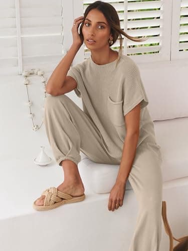 ANRABESS Women's Two Piece Outfits Knit Sweater Vest Crop Top Pants Lounge Matching Tracksuit Sweatsuit Travel Clothes Sets Khaki Small - Image 3