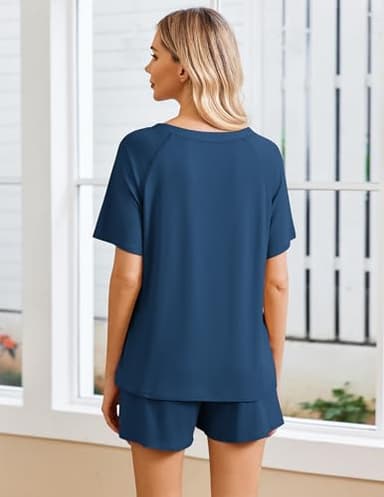 Ekouaer Womens Pajamas Set Short Sleeve Sleepwear 2 Piece Lounge Sets with Pockets Navy Blue, Large - Image 5