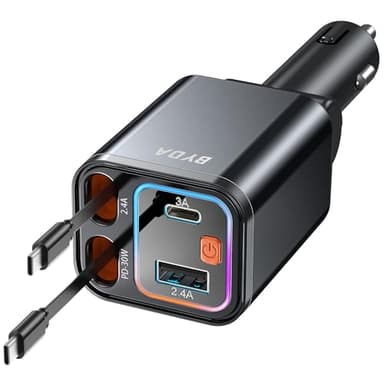 4 in 1 Retractable Car Charger,69W USB-C Fast Car Charger with Starry Light, for iPhone16/15/14/13/12,Cigarette Lighter Charger (Grey, Dual Type C &RGB Breathing Light [Black]) - Image 1