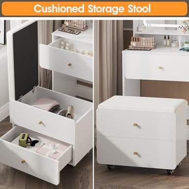 Vabches Make Up Vanity Desk with Mirror and Lights, White Vanity Table Set with Charger Station,Girls Small Vanity and Storage Chair - Image 5
