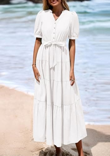 PRETTYGARDEN Summer Dresses for Women 2025 Elegant Classy Short Sleeve V Neck Ruffle A Line Belted Long Beach Vacation Dress (White,Small) - Image 8