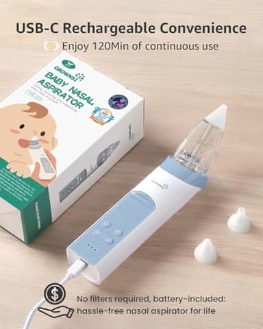 GROWNSY Nasal Aspirator for Baby, Electric Nose Aspirator for Toddler, Baby Nose Sucker, Automatic Nose Cleaner with 3 Silicone Tips, Adjustable Suction Level, Music and Light Soothing Function, Blue - Image 7