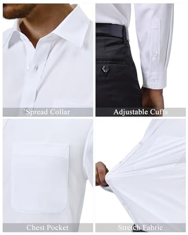 Alimens & Gentle Mens Dress Shirts 4-Way Stretch Long Sleeve Collared Casual Solid Wedding Dating Button Down Shirt White - Image 4