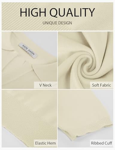 Kate Kasin Women Short Sleeve Polo Neck Pullover Sweater Casual Lightweight Loose Knit Tops Apricot M - Image 2