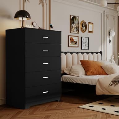 GEPELCN Dresser for Bedroom with Power Outlets Wood 5 Drawer Dresser with Large Storage Space Black Chest of Drawers with Smooth Metal Rail Tall Storage Organizer for Bedroom Living Room Closet - Image 8
