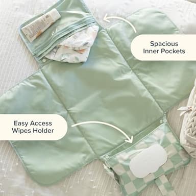 Tiny Twinkle Portable Diaper Changing Pad-Foldable Waterproof Changing Mat&Portable Changing Pad for Travel,Baby Changing Station with Smart Wipes Pocket&Storage (Sage Checkers) - Image 4