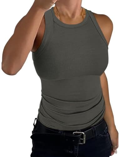 GKBK Womens Tank Tops High Neck Sleeveless Ribbed Tank Casual Basic Thick Strap Slim Fitted Racerback Shirts Black-Grey L - Image 1