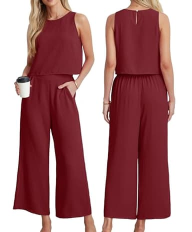 IWOLLENCE Women's Summer 2 Piece Outfits Set Round neck Sleeveless Tank Crop Top Wide Leg pants Set Pockets Jumpsuits Wine Red XX-Large - Image 4