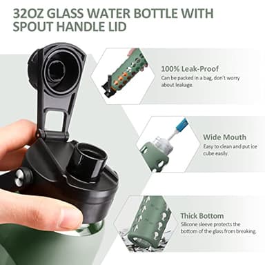 MUKOKO 32oz Glass Water Bottles with 2 Lids-Handle Spout Lid&Bamboo Straw Lid, Motivational Water Tumbler with Time Marker Reminder and Silicone Sleeve, Leakproof-Olive-1 Pack - Image 6