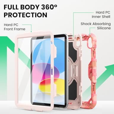 SEYMAC Case for iPad (A16) 11th/10th Generation 2025/2022 (11″/10.9″), Heavy Duty Full-Body Shockproof Protective Case with Screen Protector, Rotating Stand, Hand/Shoulder Strap, Multicolor/Pink - Image 5