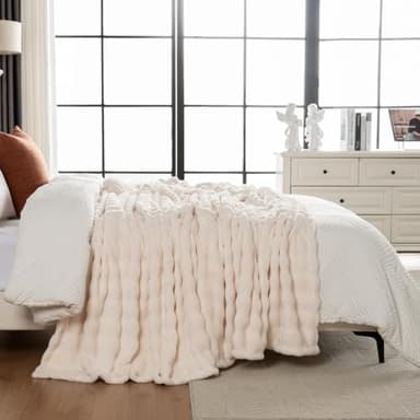 Faux Fur Bed Blankets King Size Off White, Soft Fluffy Bubble Blanket for Couch Sofa, Thick Warm Plush Fuzzy Rabbit Fur Large Blanket for All Season Use, 90"X 90" - Image 5