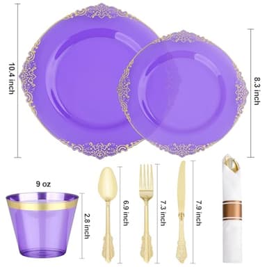 Bestluck 350 PCS Purple and Gold Plastic Plates, Disposable Dinnerware Set for 50 Guests, 100 Disposable Plates, 150 Silverwares, 50 Cups, 50 Napkins for Party, Wedding, Graduation - Image 2