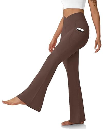 DLOODA Women's Flare Leggings with Pockets-Crossover High Waisted Bootcut Yoga Pants-Tummy Control Bell Bottom Leggings Brown - Image 1