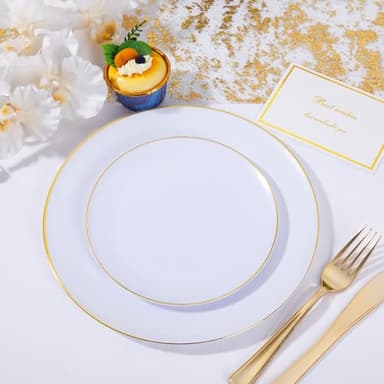 KIRE 200PCS Gold Plastic Plates - Disposable Plates for Party - White Plastic Plates with Gold Rim Include 100 for Dinner and 100 for Dessert/Salad in Wedding/Thanksgiving - Image 4