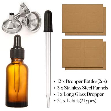 12 Pack, 2 oz Glass Dropper Bottle with 3 Stainless Steel Funnels & 1 Long Glass Dropper - 60ml Amber Tincture Bottles with Eye Droppers for Essential Oils, Liquids - Leakproof Travel Bottle - Image 2