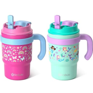 Fimibuke 16oz Kids Insulated Tumbler with Handle & Straws - 2 Pack BPA FREE 18/8 Stainless Steel Toddler Cups with Sip/Swig 2-in-1 Lids, Leak Proof Kid Drinking Cup Travel Mugs for Children Boys Girls - Image 1