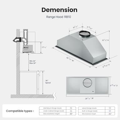 VIKIO HOME Range Hood Insert 30 Inch, Dual Inlet for 50% Better Suction, Includes 2 Charcoal Filters, 3-Speed Push Button Controls,5-Layer Aluminum Mesh Filter, Ducted/Ductless Kitchen Vent - Image 8