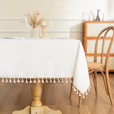 MYSKY HOME White Table Cloth Rectangle, Rectangular Table Cloth, Wrinkle Resistant, Waterproof Tablecloth, Washable Farmhouse Tablecloths, Table Cloths with Tassels for Kitchen Dining, 55"X102" - Image 2
