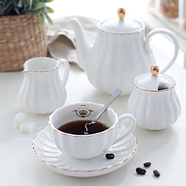 Porcelain Tea Sets British Royal Series, 8 OZ Cups& Saucer Service for 6, with Teapot Sugar Bowl Cream Pitcher Teaspoons and tea strainer for Tea/Coffee, Pukka Home (Pure White) - Image 2