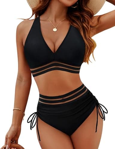 Blooming Jelly Women High Waisted Bikini Sets Tummy Control Swimsuits Mesh 2 Piece Bathing Suit (S, Black Mesh) - Image 1