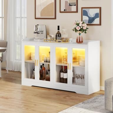 YITAHOME Home Bar Cabinet w/LED Light, 55" Liquor Cabinet with 4 Doors, Coffee Bar Cabinet with Adjustable Shelves, Wine Cabinet for Kitchen, Living Room, White - Image 6