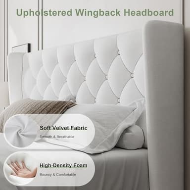 Feonase Queen Size Bed Frame with Diamond Tufted Wingback Headboard, Upholstered Platform Bed, Sturdy Wooden Slats Support, Noise-Free, No Box Spring Needed, Easy Assembly, White - Image 3