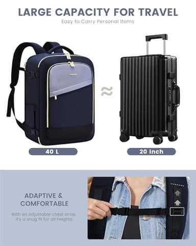 LOVEVOOK Travel Backpack for Women, 40L Carry On Backpack Flight Approved, Large Personal Item Bag Fits 17 inch Laptop, TSA Approved Luggage with 3 Packing Cubes,Waterproof Weekender Gym Essentials - Image 3