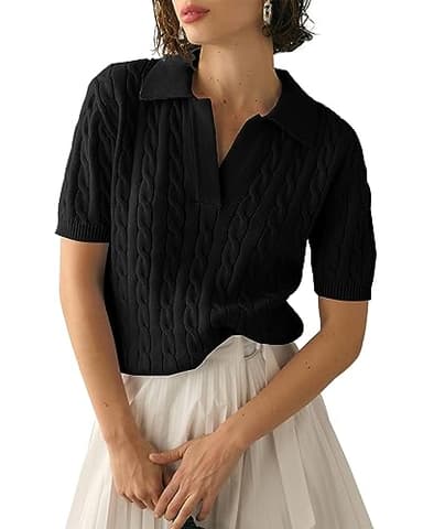 Imily Bela Women's Cable Short Sleeve Sweaters Tops Solid Lapel V Neck Knit Casual Soft Pullover Shirt Black - Image 1