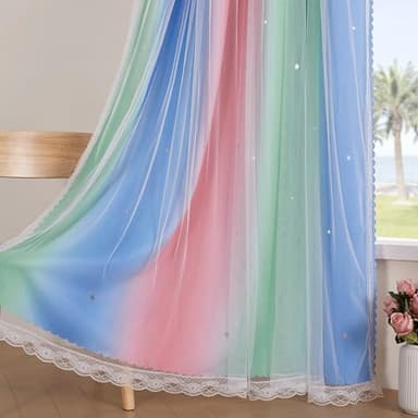 XiDi Pink & Rainbow Curtains for Kids & Girl Rooms - Blackout, Unicorn Wall Decals, Blue & Green, 34x84 Inch - Image 4