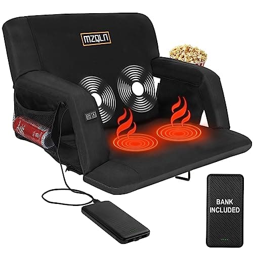 Heated Massage Reclining Stadium Seat, 25 Inch Bleacher Chair with 10000mAh Portable Bank, 6 Reclining Positions for Camping, Games & Sports - Image 1