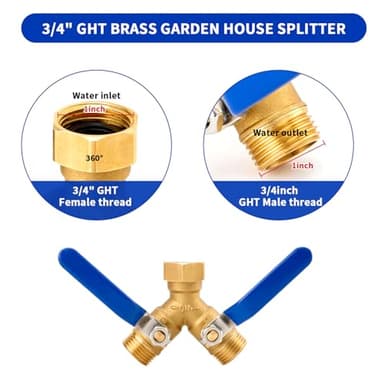 Feeloco Hose Splitter 2 Way,Heavy Duty Brass Garden Hose Splitter with Stainless Steel Long Handle,High Flow Water Spigot Adapter Y Valves,Solid Hose Bib Connector 3/4", Outdoor Faucet Splitter - Image 5