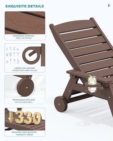 SERWALL Patio Chaise Lounge Chair Set of 2, 78'' Long 5-Positions Adjustable HDPE Outdoor Lounger for Pool, Poly Lounge Chair with Rolling Wheels & Cup Holder for Poolside, Deck, Coffee Brown - Image 5