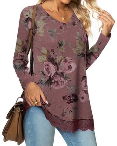 Netsmile Women's Plus Size Tops Fall Long Sleeve Tunics Loose Dressy Casual Shirts Lace Hem Sweatshirt for Leggings, 2XL, Bean-Rose Red - Image 1