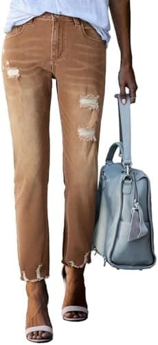 EVALESS Women's High Waisted Tummy Control Straight Ankle Ripped Jeans - Image 3