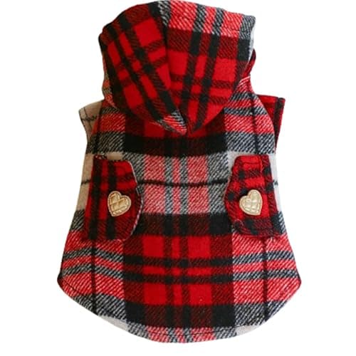 Kirei Sui Hoodie for Small Dogs Cats, Cat Apparel, Dog Shirt, Winter Clothes for Puppy Kitten Red Plaid (XS 2.2-3.3lbs) - Image 1