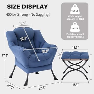 Tiita Lazy Chair with Ottoman, Modern Large Accent Lounge Armchair, Comfy Leisure Sofa Reading Chair with Footrest for Bedroom, Living Room, Dorm Rooms, Garden and Courtyard, Blue - Image 2