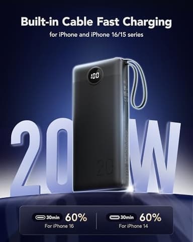 VRURC Portable Charger 20000mAh, Built-in Cable Fast Charging Power Bank, PD QC 3.0 Travel Essentials Battery Pack, 4 Output & 2 Input Phone Charger for iPhone,Samsung, Android-Black - Image 2