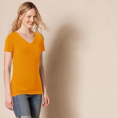 Amazon Essentials Women's Regular-Fit Short-Sleeve V-Neck T-Shirt, Pack of 2, Coral Orange/Golden Yellow, Small - Image 2