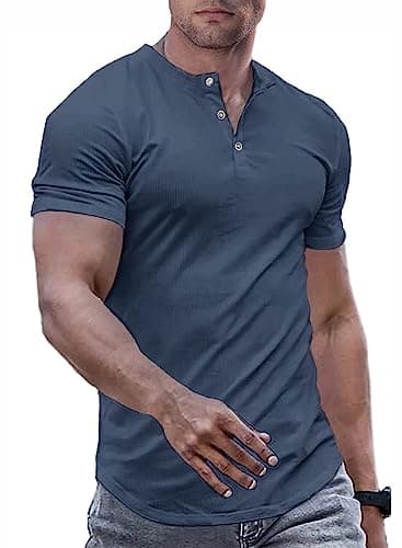 JMIERR Mens Muscle Slim Fit Button Henley Shirts Summer Crewneck Short Sleeve Longline Fitted T-Shirt Gym Workout Athletic Tees Shirt for Men, L, Blue1 - Image 1
