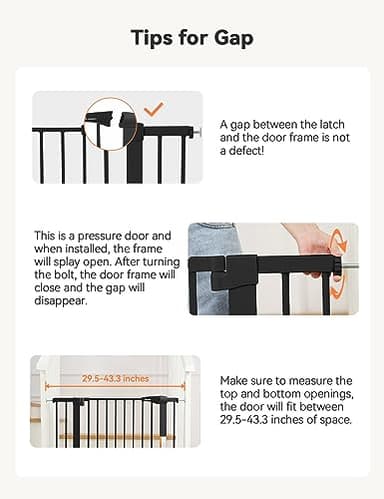 COMOMY 29.5-43.3" Safety Baby Gate Extra Wide, Auto Close Dog Gate for House Doorways Stairs, Pressure Mounted Easy Walk Through Pet Gate Child Gate, Includes 2.75" and 8.25" Extension, Black - Image 6