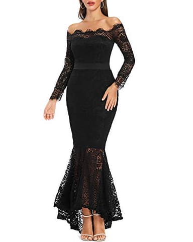 LALAGEN Women's Floral Lace Long Sleeve Off Shoulder Wedding Mermaid Dress Black XL - Image 1