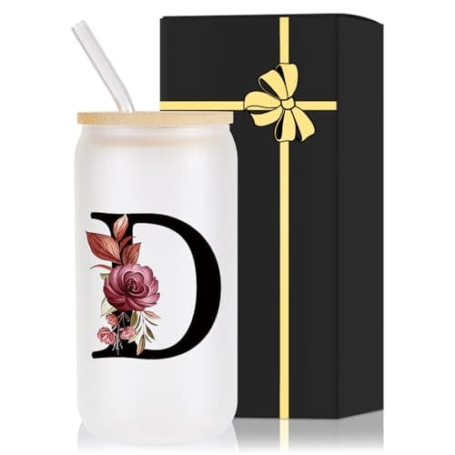 Wulcea Monogrammed Glass Drinking Cup With Lid Straw Cool Grandma Gifts Grandmother Nana Glamma Mawmaw Yaya Abuela Abuelita Grandmas Mamaw Memaw Mimi Nonna Granny Oma Meme Christmas Xmas Present,D - Image 1