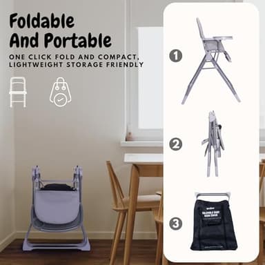 Bicystar Foldable Baby High Chair with Easy Clean Double-Layer Tray, Adjustable Foot Rest, Safety First 5 Point Harness, Compact Space Saver Baby Feeding Chair Portable for Travel - Image 3