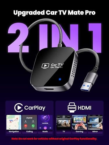 2-in-1 Wireless CarPlay Adapter for iPhone, 2025 Car TV Mate Pro with HDMI for Fire TV Stick [Glass Metal Case & Stable Bulit-in Braided Cable] Convert Wired Car Play to Wireless, Fit for 2016+ Cars - Image 2